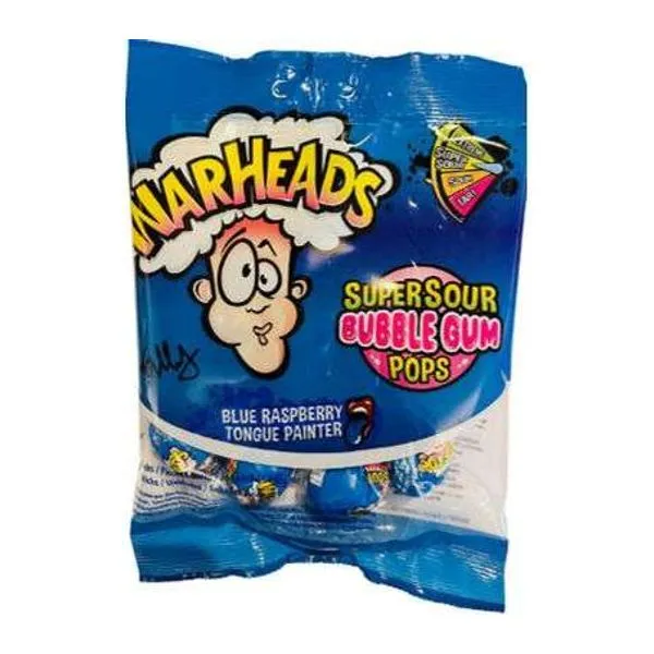 Warheads Super Sour Bubble Gum Pops kék málna ízű savanyú nyalókák csomagja