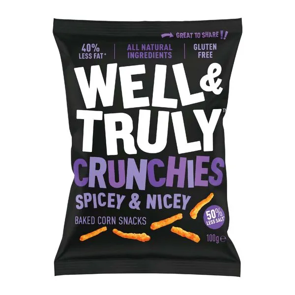 Well & Truly Crunchies Spicey & Nicey csípős kukoricachips 100 g-os zacskóban
